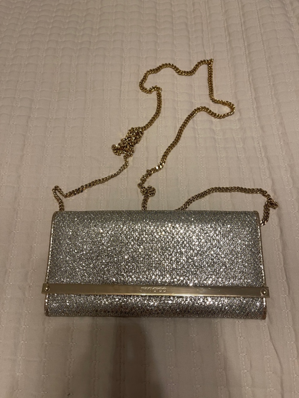 Jimmy Choo Silver Glitter Chain Wristlet or Crossbody
